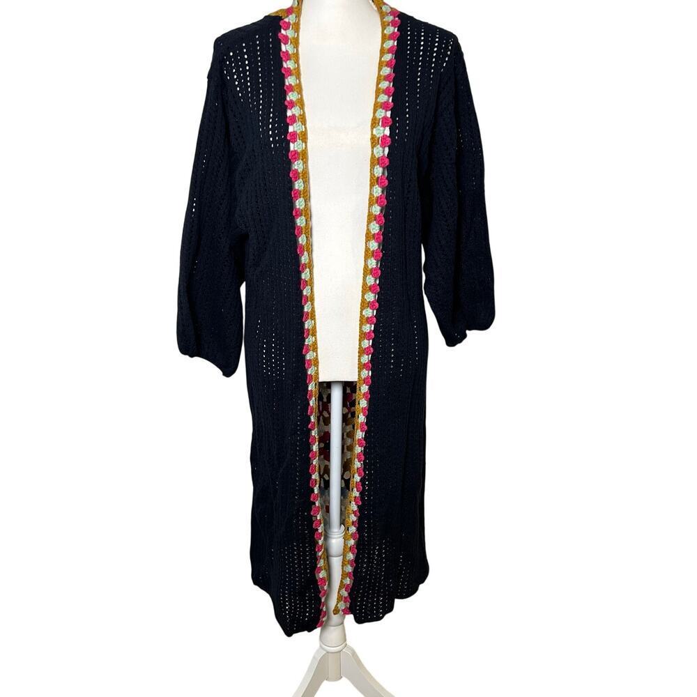 Anthropologie navy multicolor‎ granny square crochet trimmed duster kimono OS